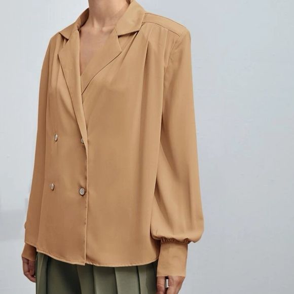 Shein BIZwear Notched Collar Bishop Beige/nude Sleeve Blouse Medium NEW - Picture 1 of 4